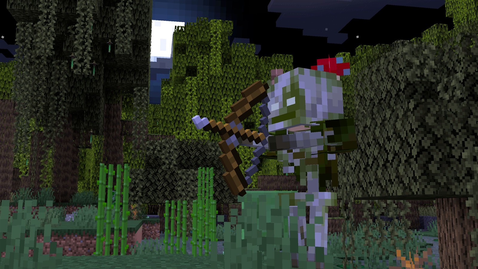 A mossy skeleton in a dark mangrove swamp