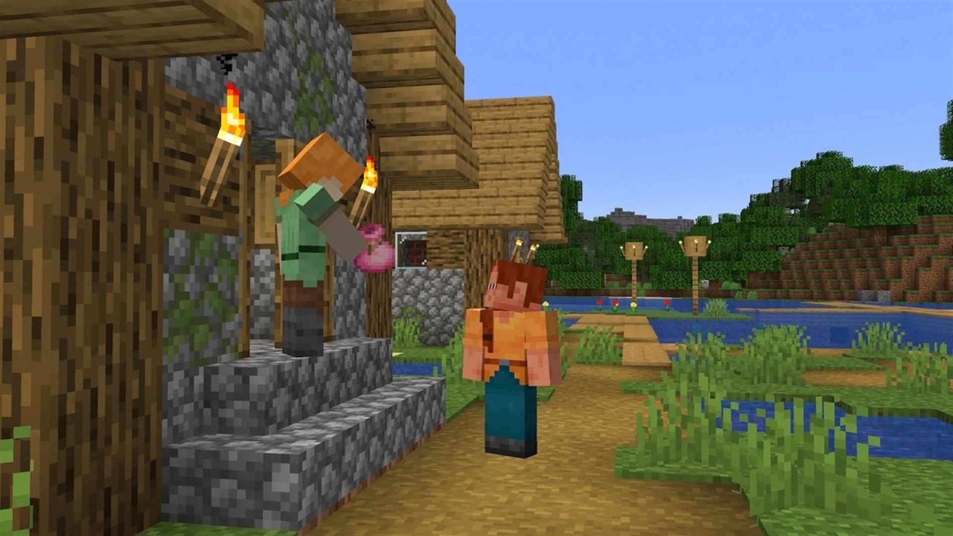 Alex hands Ari a pink Bundle from the porch of a cobblestone house