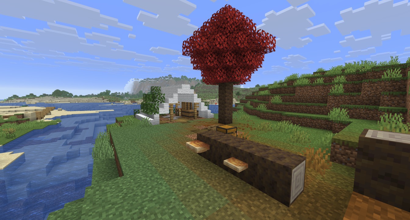 An abandoned camp in Minecraft 26.3 next to a red poplar, with shelf mushrooms growing on a fallen log
