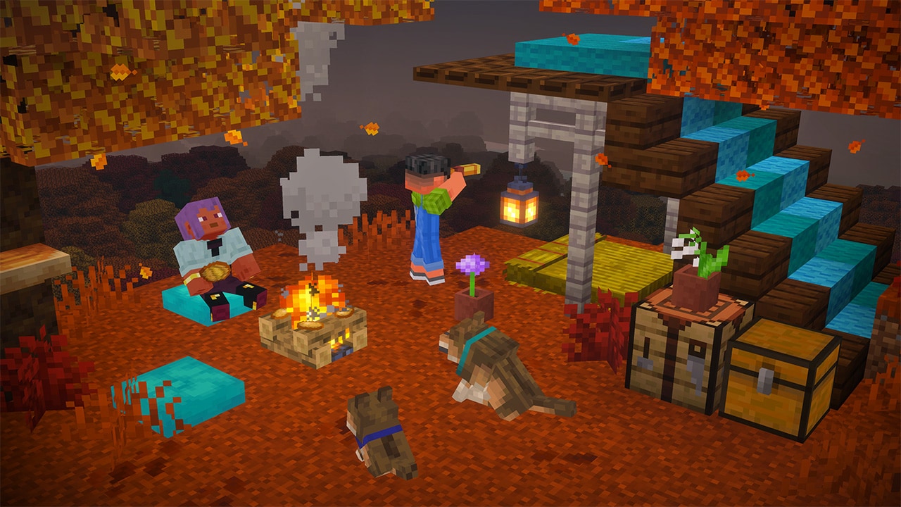 A campsite in a dappled forest, with a tent roof made of cyan wool stairs and cushions by the campfire