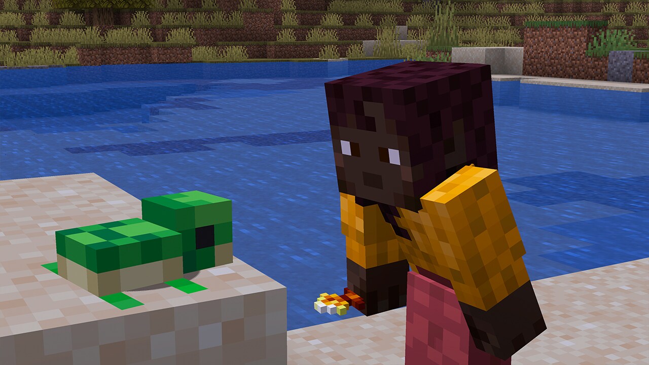 A player holding a golden dandelion next to a baby turtle on the shore