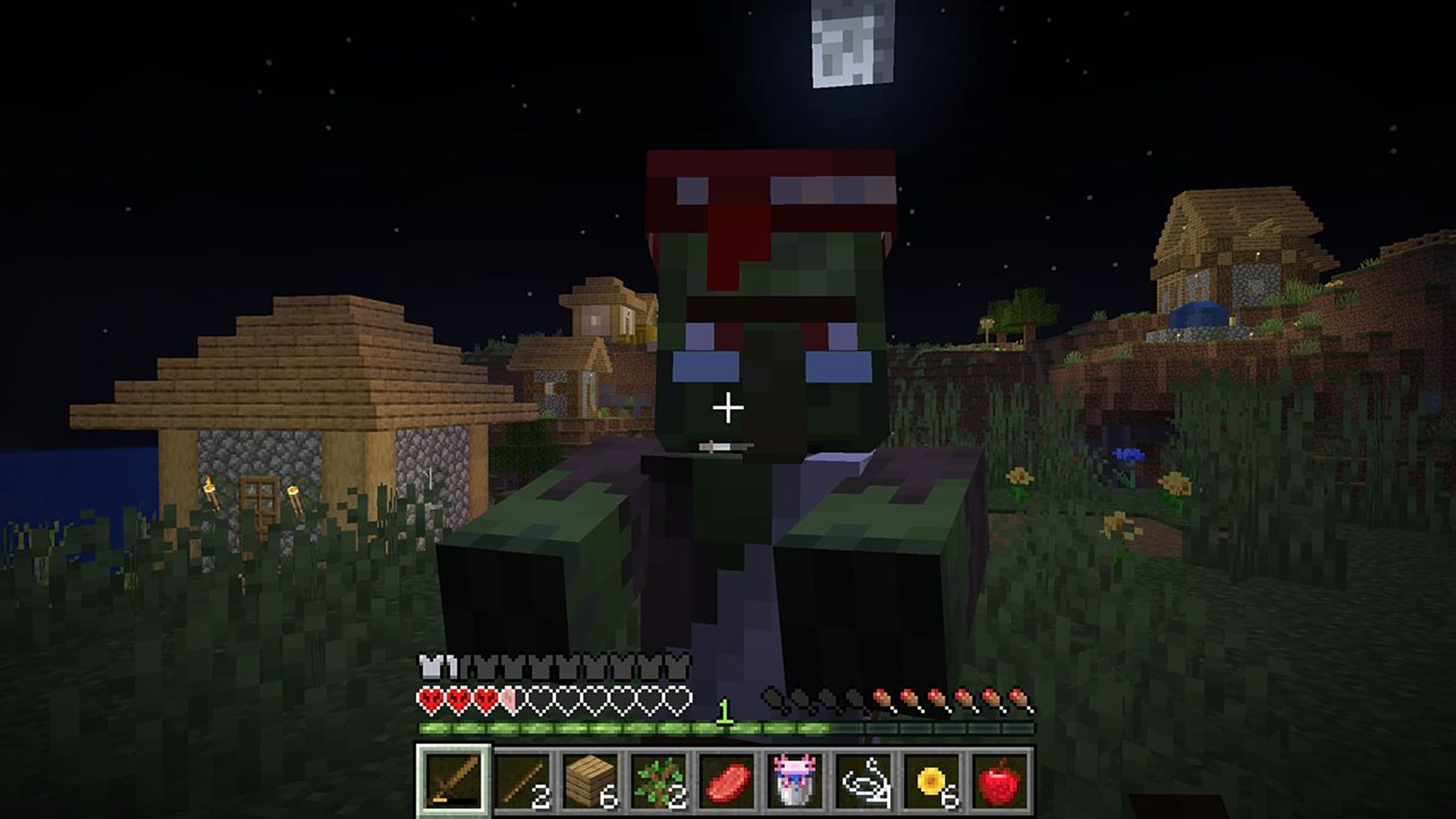At night near a Plains village, a Zombie Villager in librarian clothes attacks a player on a Hardcore Realm