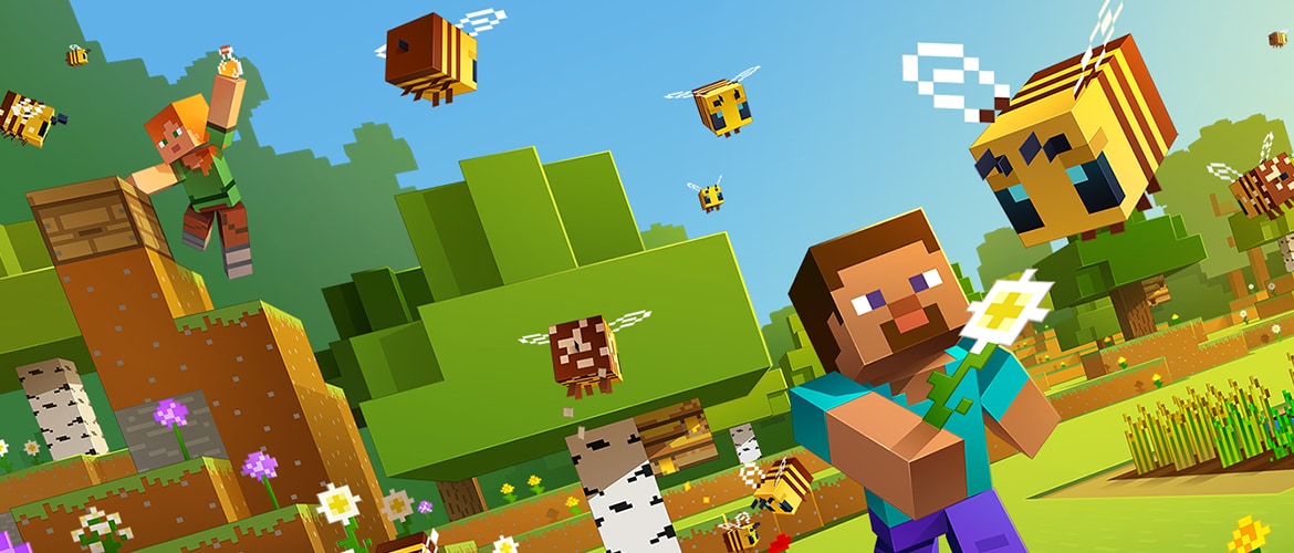 A stylized official illustration of Steve with a flower and Alex drinking a Honey Bottle among bees and nests