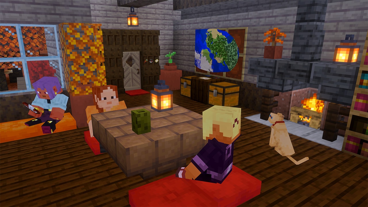 Minecraft characters sitting on cushions at a table in a house with a poplar door