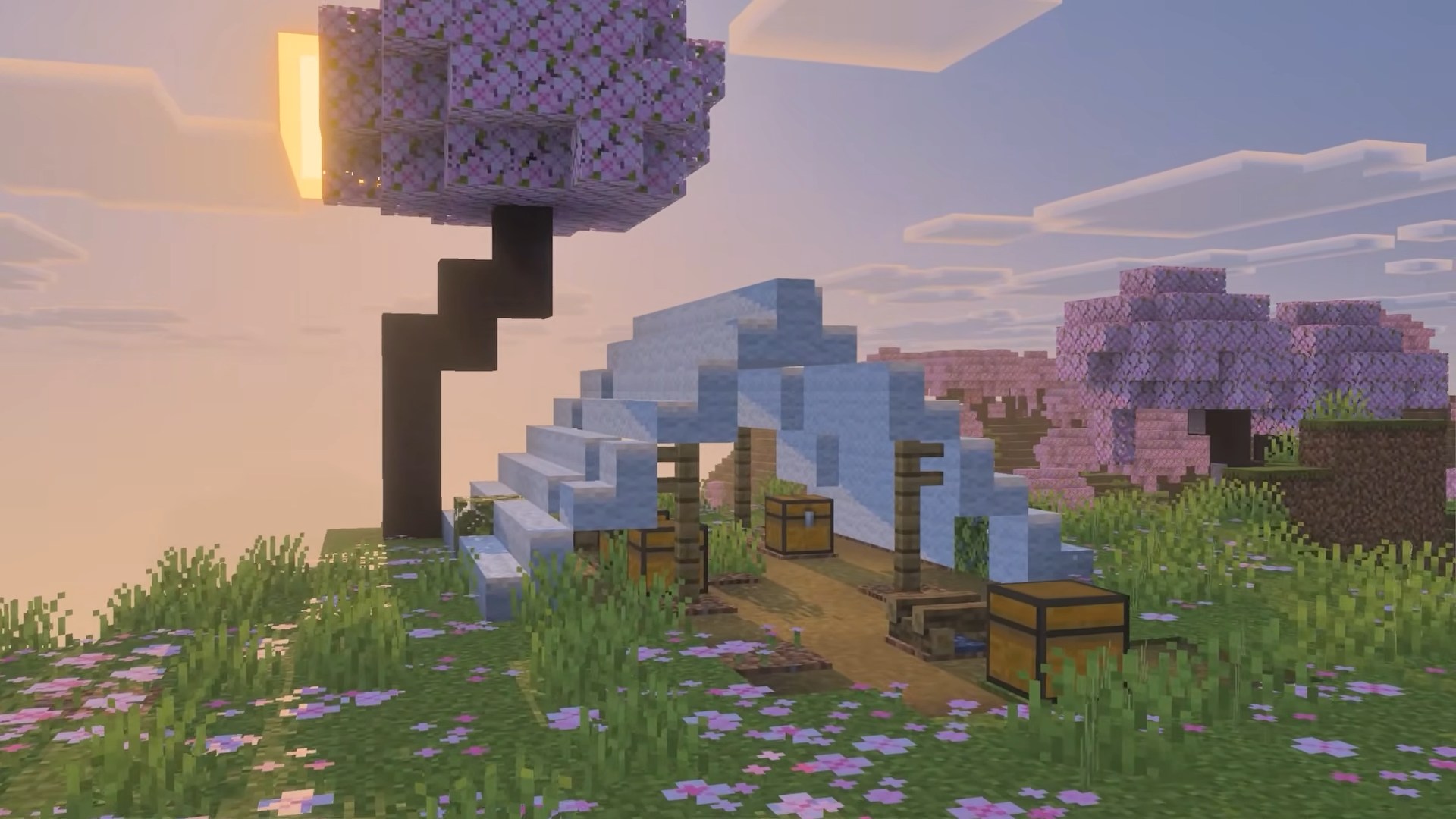 An abandoned camp in a cherry grove, with chests under a tent made of wool stairs