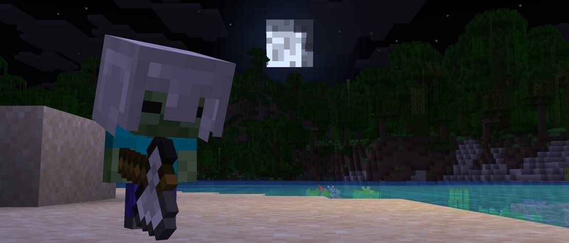A baby zombie in an iron helmet on a shore at night