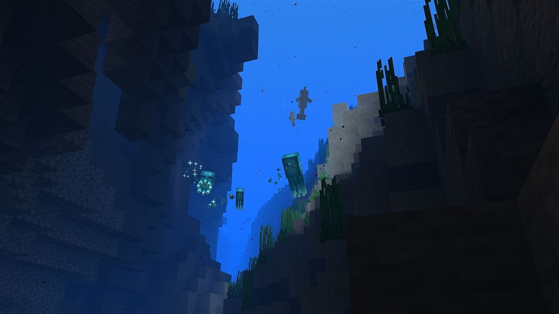 Baby Glow Squids and baby Dolphins swim in an underwater ravine, seen from below the water's surface