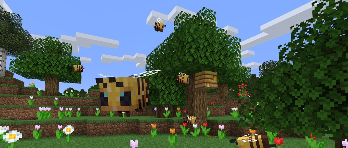 A Bee flies by a Bee Nest on a tree, surrounded by a hilly flower meadow with tulips and flowers