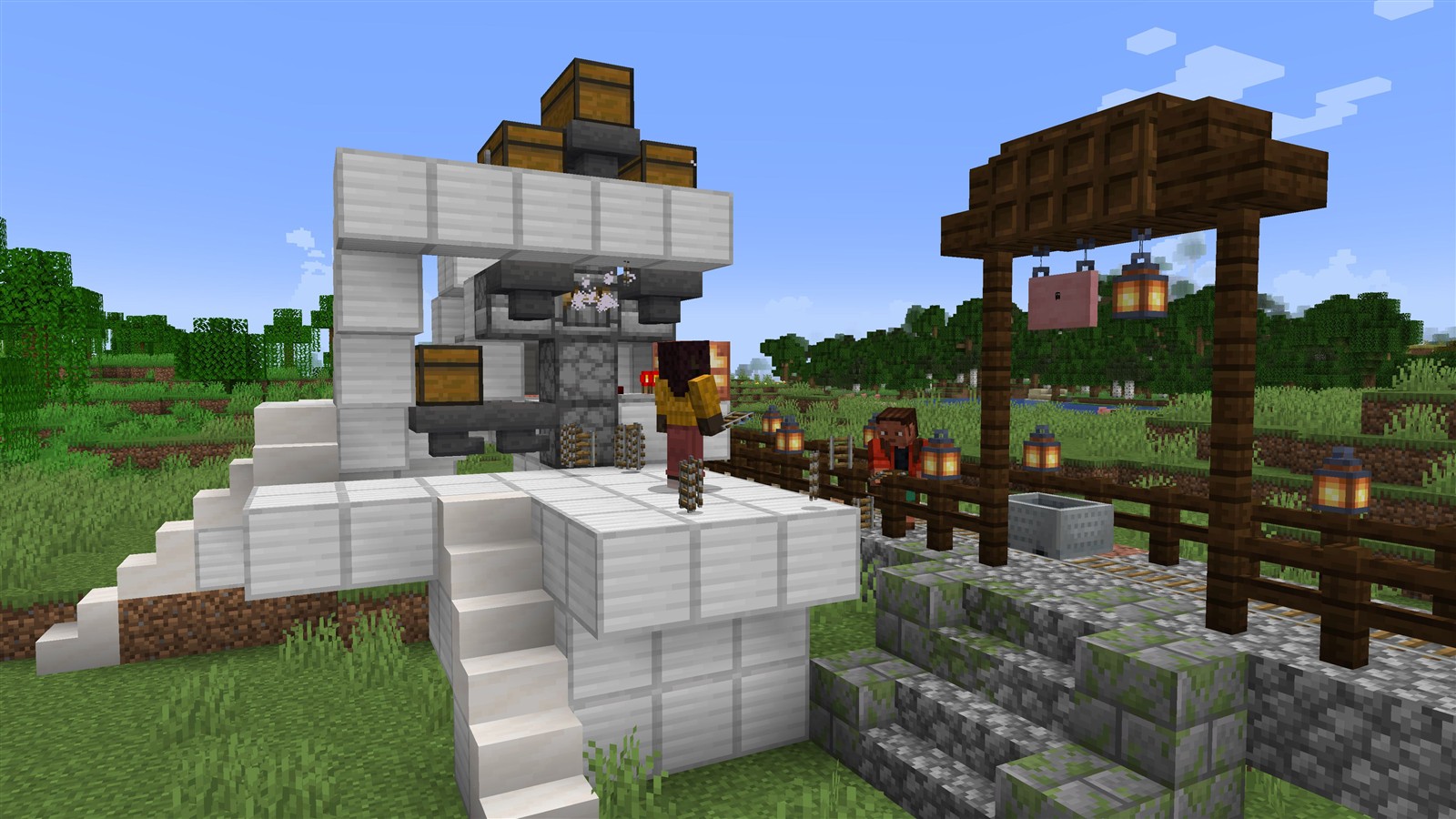 A contraption with an automatic Crafter, Hoppers and a villager