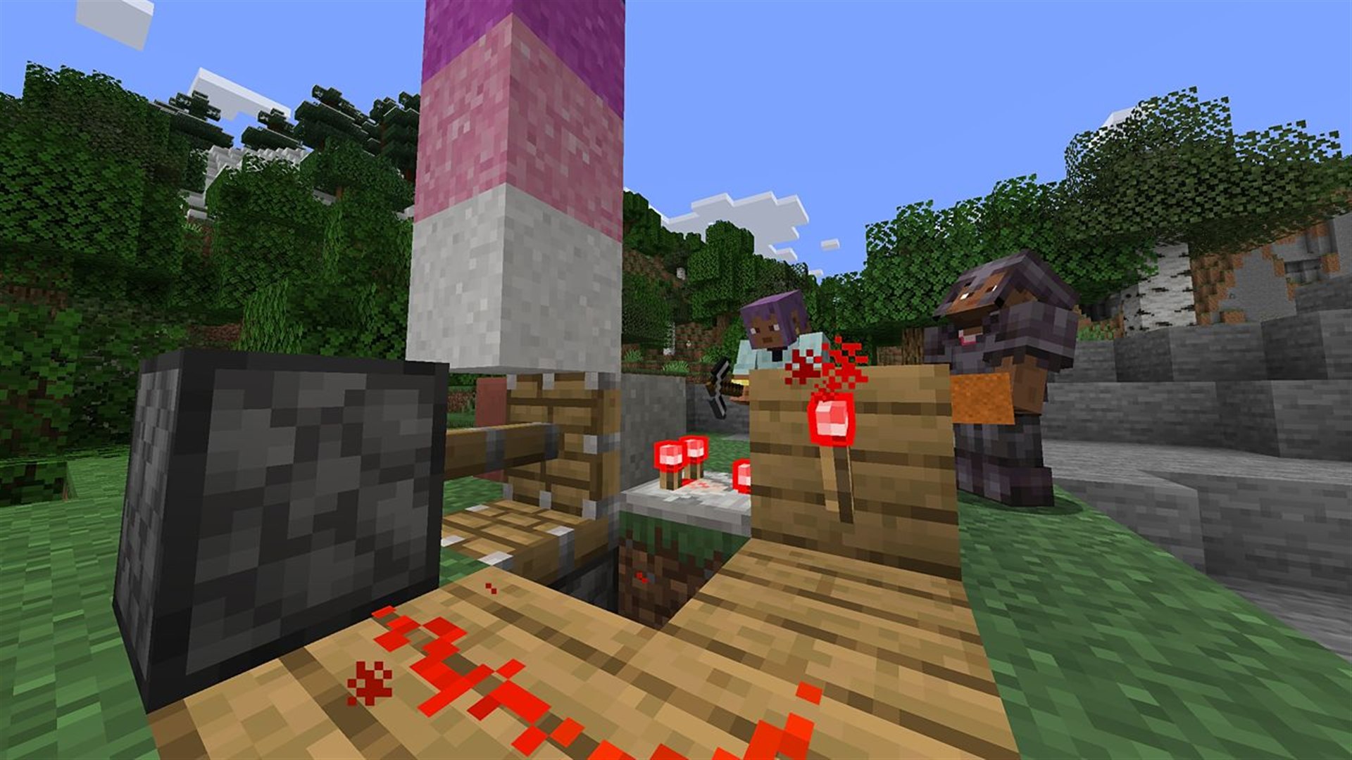 Zuri and Efe look over a machine that moves colored Concrete Powder, with new-model Redstone Torches glowing in the foreground