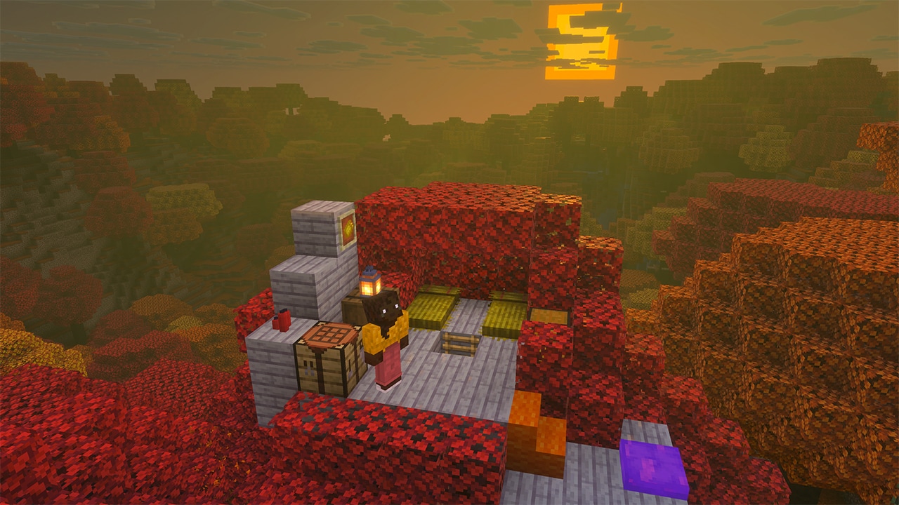 Straw beds on a platform in the poplar canopy at sunset in Minecraft 26.3