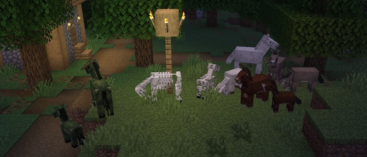 Skeleton horses, zombie horses, and foals at night by a house at the edge of a forest