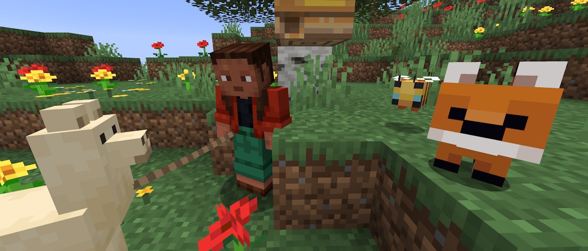 A player leading a llama, with a bee and a baby fox with its new model nearby