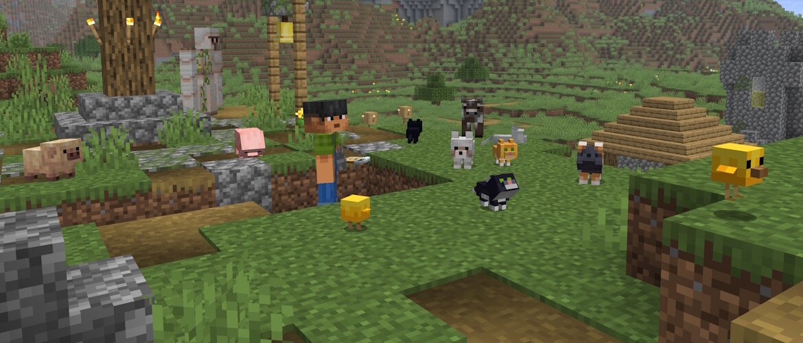 A player in a village surrounded by a lamb, a piglet, kittens, and chicks with new models