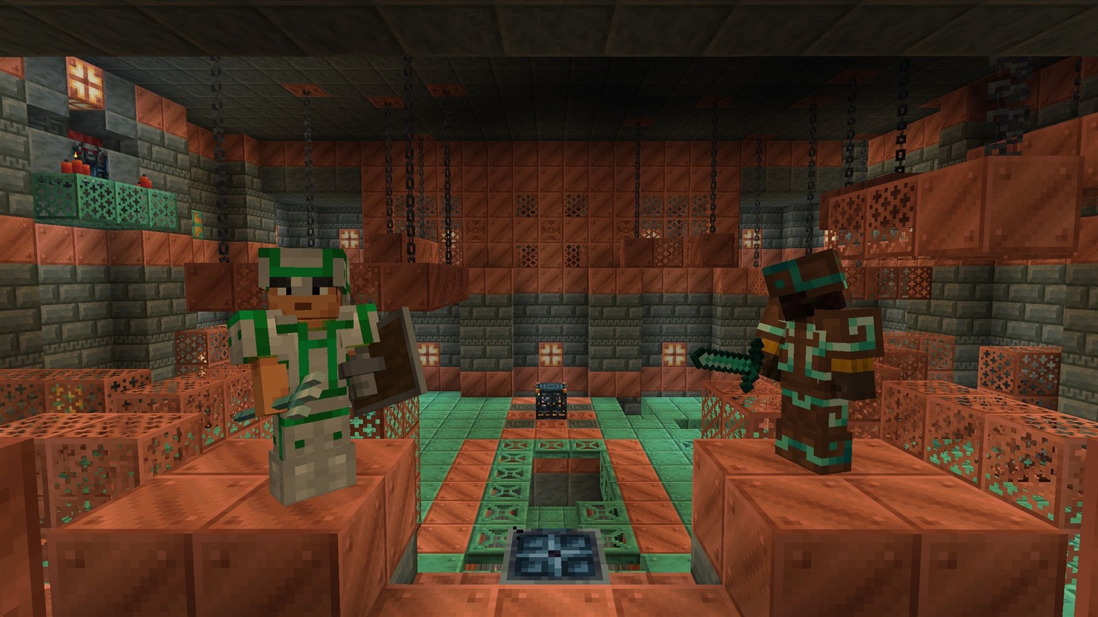 A reward room of a Trial Chamber with two players, a Trial Spawner on the floor, a Vault in the center, Copper Grates and chains