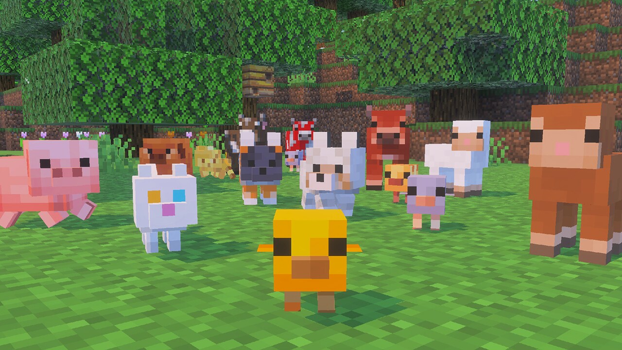 Baby mobs with their new models in a meadow in Minecraft 26.1