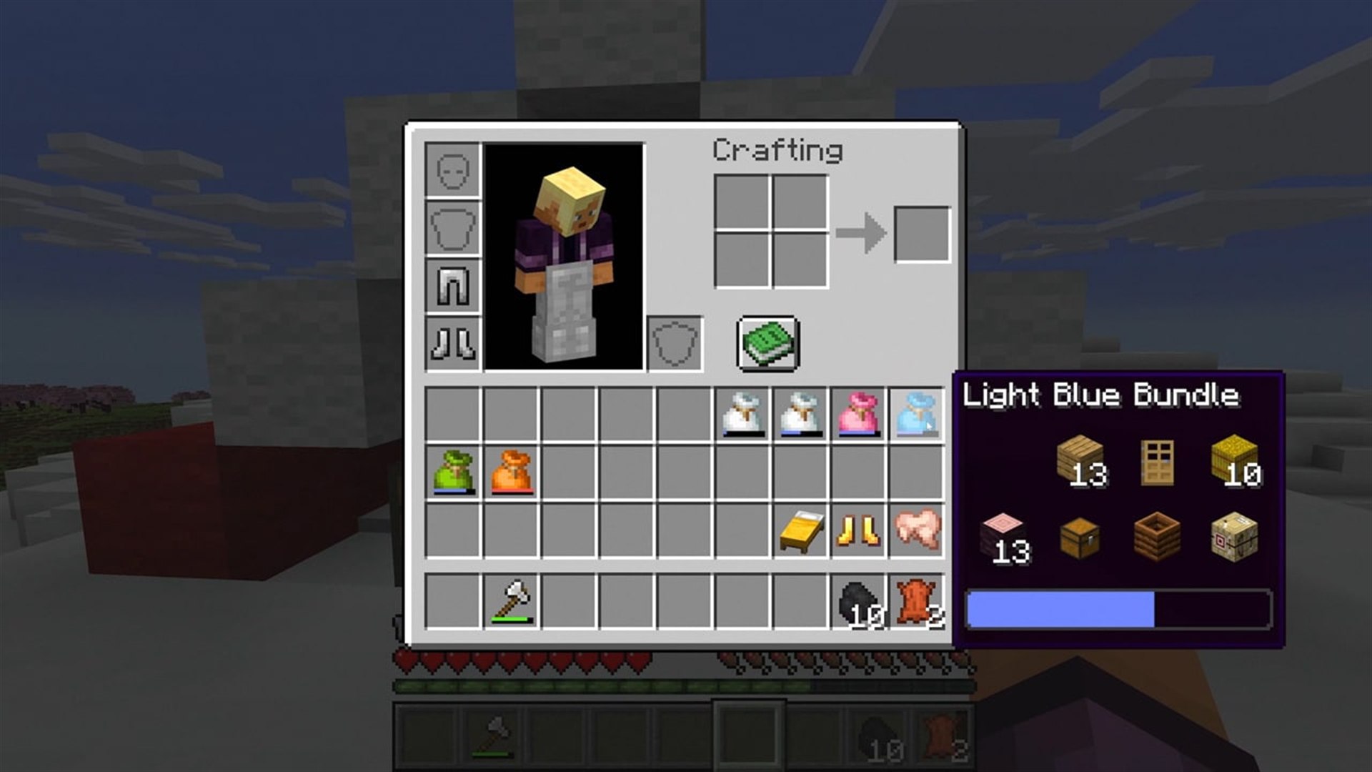 An inventory full of colored Bundles and the tooltip of a Light Blue Bundle with seven kinds of items and a fullness bar